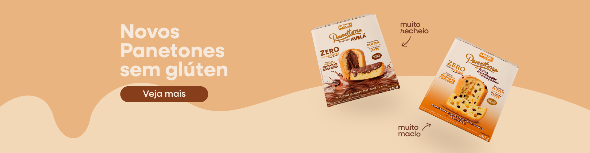 Panettone Amina texto na esquerda com panettones na direita da imagem